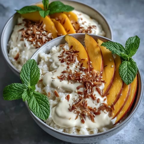 Ripe mango fans over warm coconut sticky rice for Vegan Mango Sticky Rice Breakfast Bowls with Coconut Cream, garnished with toasted sesame seeds.