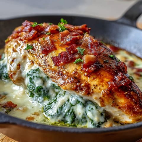 Golden Keto Spinach and Bacon Stuffed Chicken Breasts with Garlic Butter served alongside roasted asparagus for a delicious low-carb dinner.