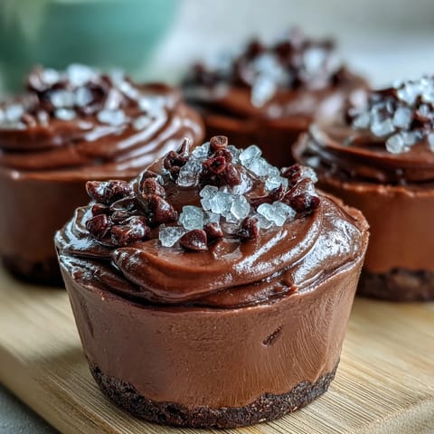 Creamy vegan chocolate avocado mousse cups topped with crunchy cacao nibs and flaky sea salt.