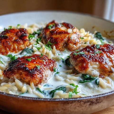 Golden seared chicken pieces rest atop tender orzo in a creamy garlic-Parmesan sauce with spinach.