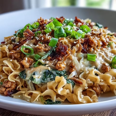 A close-up of Creamy Potsticker Noodle Stir-Fry on ramen noodles with chili crisp, scallions, and drizzle.