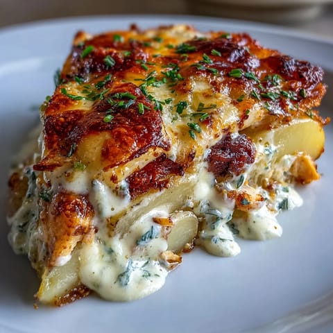 A close-up of the Creamy Ranch Chicken Potato Bake reveals melted cheddar cheese and creamy ranch-coated potatoes with chicken chunks, served on a rustic plate.
