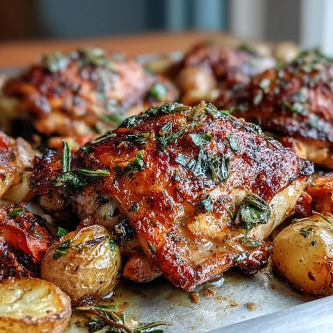 Bone-in chicken thighs roasted with ranch seasoning alongside caramelized potatoes and carrots on a single tray.  