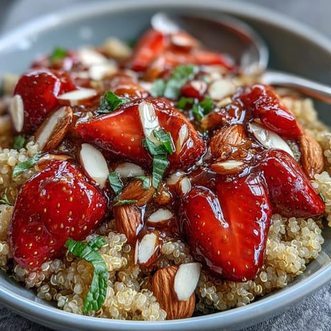 A vibrant breakfast bowl with fluffy quinoa, fresh strawberries, fragrant basil, and a drizzle of vegan honey for a spring-inspired start.