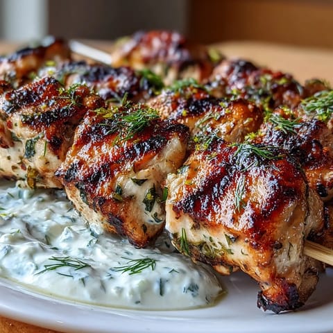 Mediterranean-style lemon herb chicken skewers, marinated in zesty lemon and fresh herbs, served with creamy, cooling tzatziki for a healthy dinner.  
