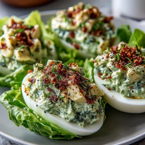Keto avocado egg salad lettuce boats topped with everything bagel crunch for a fresh, low-carb meal.  