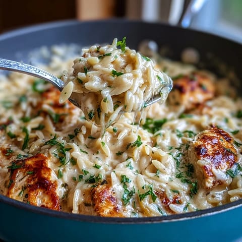 One-pot garlic Parmesan chicken orzo with tender pasta in a rich, creamy sauce.  