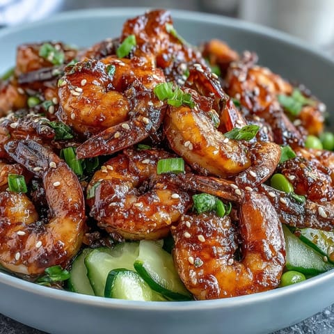 A vibrant shrimp poke bowl with juicy mango, crisp cucumber, and tender edamame over brown rice, drizzled with zesty poke sauce.