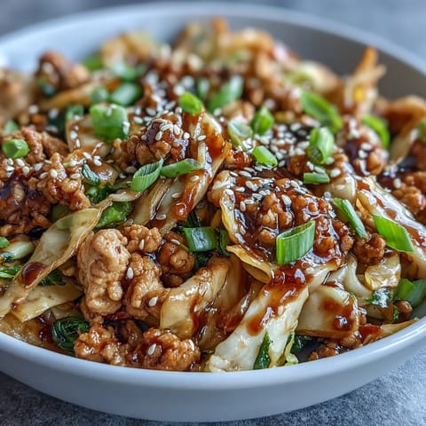 Flavorful Keto Egg Roll in a Bowl with Ground Turkey, featuring tender meat, crunchy cabbage, and fragrant ginger in every bite.  
