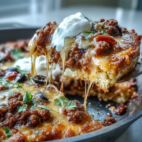 Cheesy cauliflower crust taco skillet with seasoned ground beef and melty cheddar cheese.  