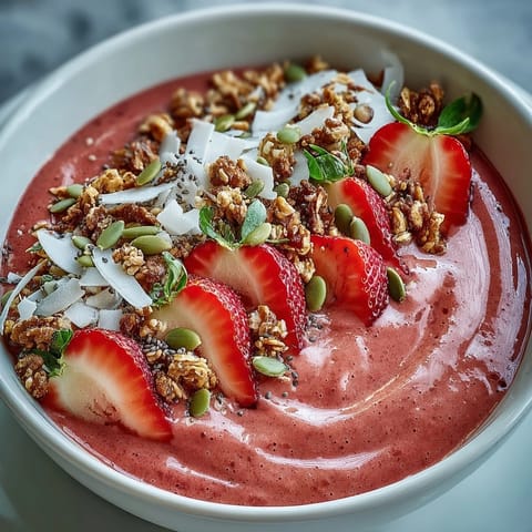 A vibrant strawberry protein smoothie bowl with hidden cauliflower cream, topped with fresh berries, crunchy granola, and seeds for a healthy breakfast.