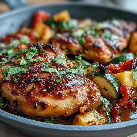 Vibrant one-pan mango chili chicken and veggie bake with juicy chicken, sweet mango, and roasted peppers.  