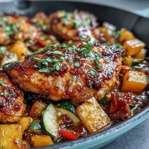 Spicy chili-marinated chicken breasts baked with colorful bell peppers, zucchini, and fresh mango chunks.  