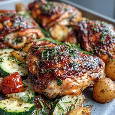 Vibrant sheet pan Mediterranean chicken with zucchini and lemon-herb potatoes, bursting with fresh flavors and roasted to perfection.  