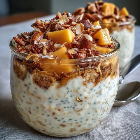 Tropical vegan breakfast jar layered with overnight oats, fresh mango, chia seeds, and golden toasted coconut crunch.  
