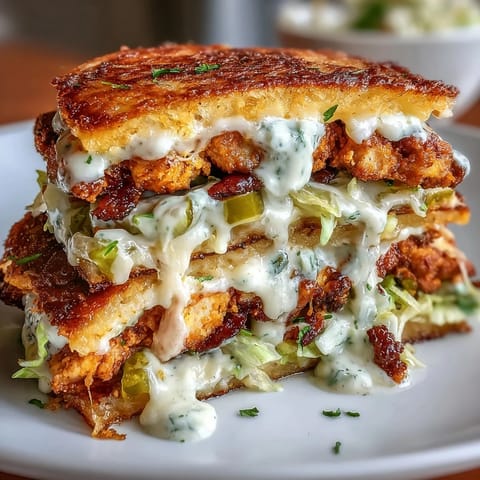 Vibrant dill pickle ranch chicken tacos topped with crunchy cabbage and creamy cottage cheese ranch sauce.  