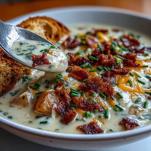 Creamy baked potato soup with crispy bacon, sharp cheddar, and fresh chives in a rich, velvety broth.  