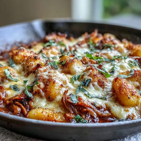 A comforting skillet of chicken Parmesan gnocchi topped with golden panko and melted mozzarella, served hot from the oven.