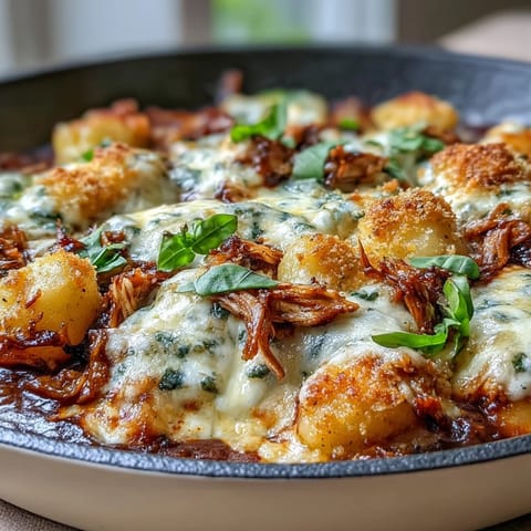 Golden-crisp chicken Parmesan gnocchi in a savory skillet, featuring juicy chicken, tender gnocchi, and bubbling cheese.