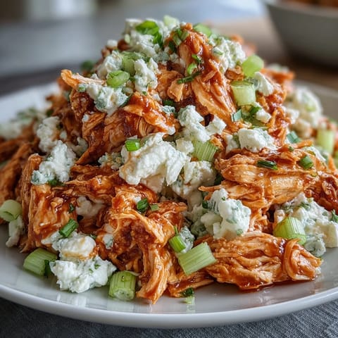 Zesty Buffalo Chicken Salad with Cottage Cheese, shredded chicken, celery, and cheddar in creamy buffalo dressing.  