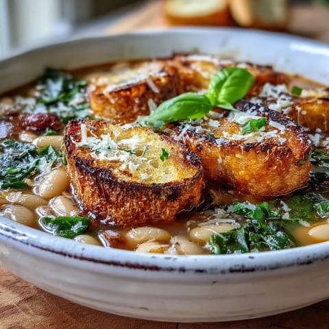 Hearty Tuscan ribollita soup with white beans, vegetables, and crispy sourdough croutons in a rustic bowl.  