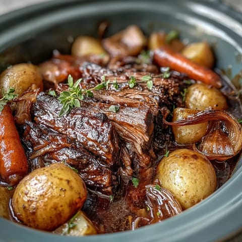 Slow cooker pot roast with onion soup mix, tender beef and vegetables simmered to perfection for a hearty, comforting meal.