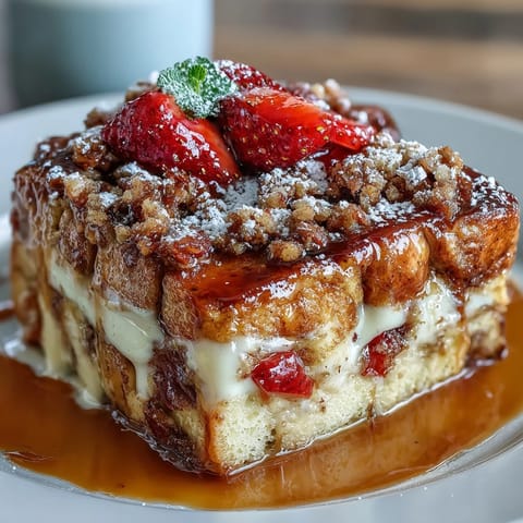 A golden baked casserole of brioche and strawberries, topped with crunchy cinnamon streusel and dusted with powdered sugar for a festive Galentine's brunch.