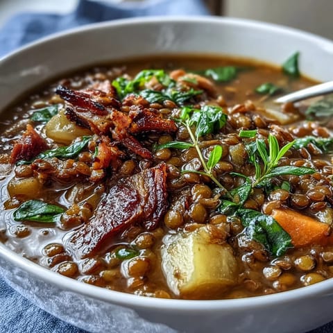 Hearty ham bone and lentil soup with tender root vegetables in a rich, savory broth.  