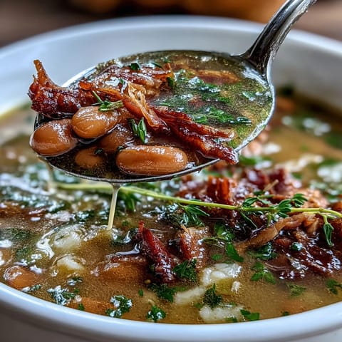 A steaming bowl of ham and navy bean soup, fragrant with fresh thyme, perfect for a comforting dinner on a chilly evening.