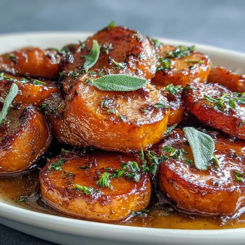 Candied yams with brown butter and sage, roasted to tender perfection in a glossy, spiced glaze.