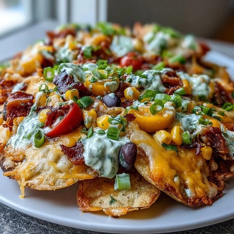 Crispy roasted potato rounds loaded with colorful bell peppers, tomatoes, and melted cheese, served with tangy Greek yogurt ranch. A vibrant, healthier take on nachos perfect for sharing.