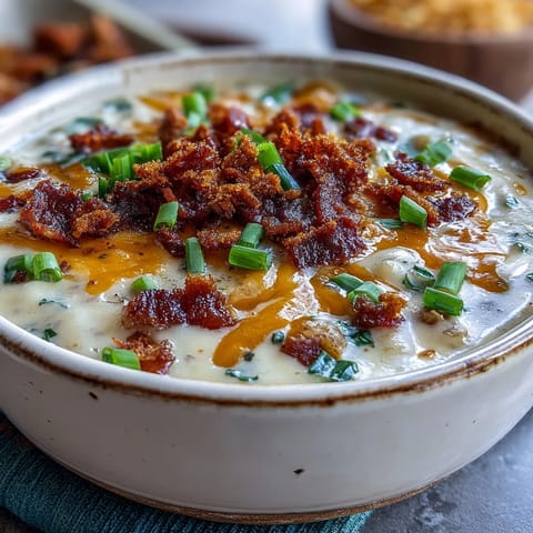 A bowl of St. Patrick's Day Loaded Baked Potato Soup topped with crispy bacon and green onions.  