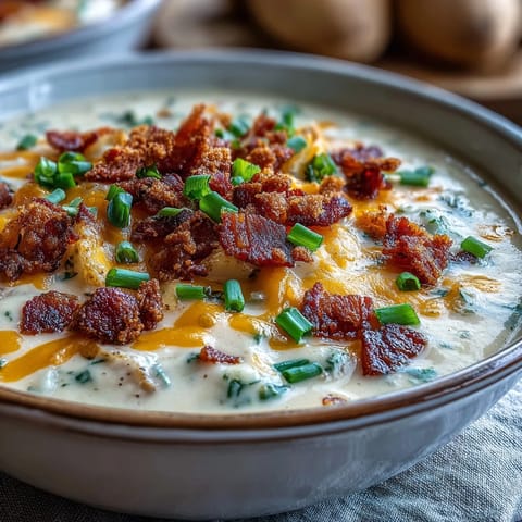 Creamy St. Patrick's Day Loaded Baked Potato Soup served with melted cheddar and fresh herbs.  