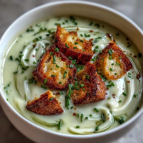 Creamy Leek and Potato Soup with Sourdough Croutons, a velvety bowl of comfort topped with golden, crunchy sourdough croutons.