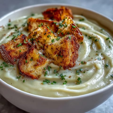 A steaming bowl of Creamy Leek and Potato Soup garnished with fresh chives and crispy sourdough croutons for a satisfying crunch.
