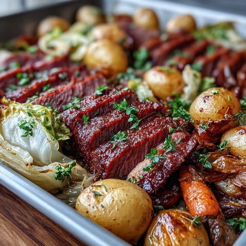 A colorful sheet pan dinner featuring tender corned beef slices, roasted cabbage wedges, and golden potatoes.  