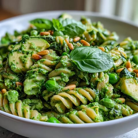 A colorful, vegetarian pasta salad with tender fusilli, sugar snap peas, and baby spinach, all coated in a bright, herb-packed green goddess dressing.  