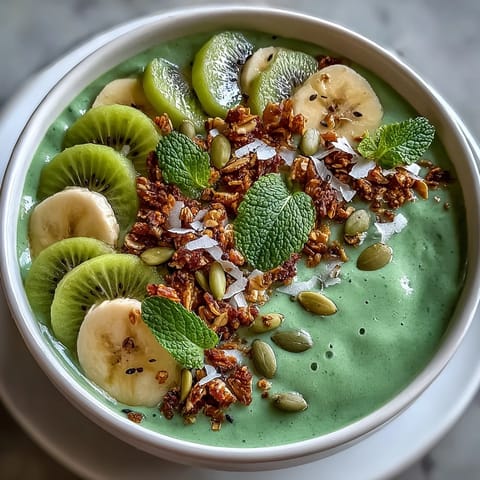 A nutrient-rich Shamrock Green Smoothie Bowl with Kiwi and Spinach blended to creamy perfection and garnished with tropical toppings.  