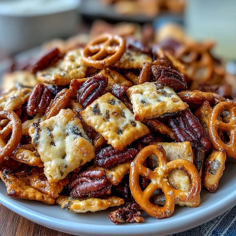 Golden sourdough Cheez-Its combined with roasted nuts and pretzels, tossed in buttery Worcestershire-spiced seasoning mix.  