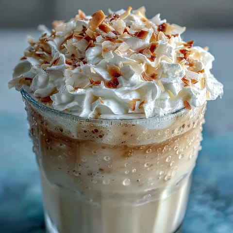 Creamy Vanilla Bean Coconut Frappuccino Mocktail in tall glasses, topped with whipped coconut cream and toasted coconut flakes.
