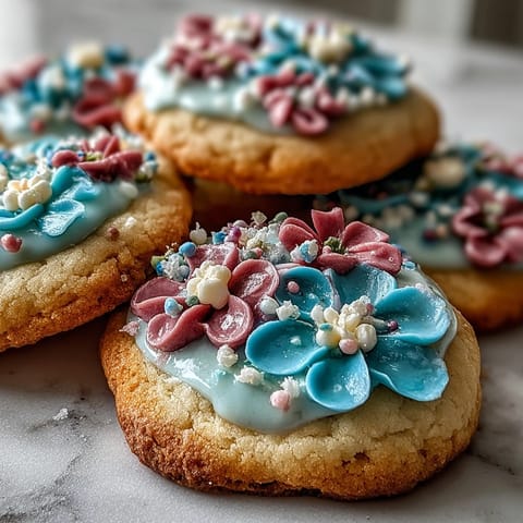 Soft, flower-shaped cookies decorated with pastel royal icing for a baby shower or spring party.  
