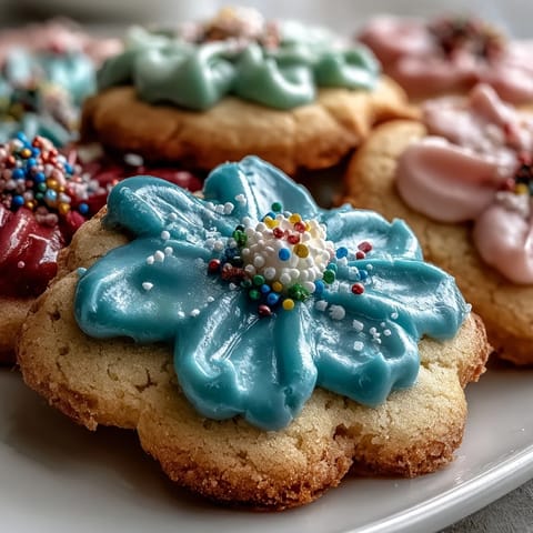 Delicate sugar cookies in floral shapes with smooth pastel icing, ideal for baby celebrations or tea time.  