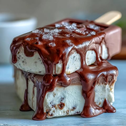 Creamy vanilla bean frappuccino fudge pops with a rich coffee swirl and chocolate fudge topping.  