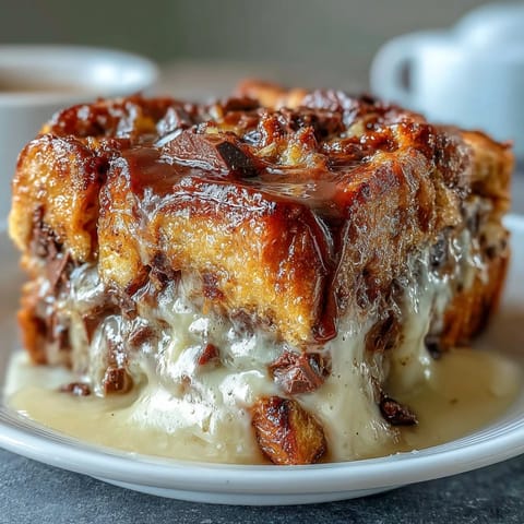 Decadent chocolate croissant bread pudding with golden custard-soaked pastries and rich melted chocolate.  