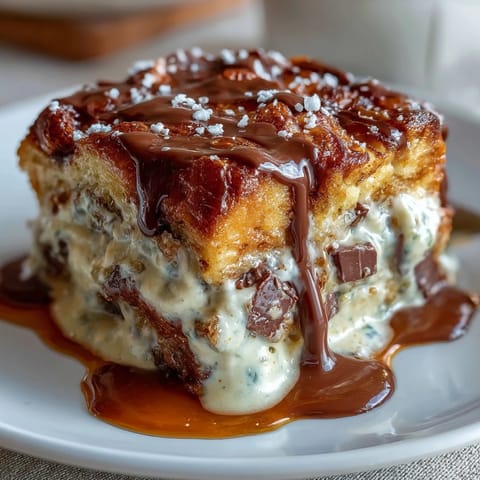 Buttery croissants baked in creamy custard with semisweet chocolate chips, topped with powdered sugar and fresh berries.  