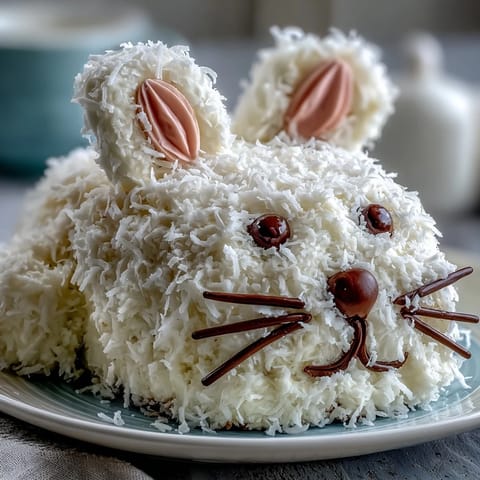 Whimsical Easter Bunny Cake with coconut frosting, featuring soft vanilla layers and a fluffy coconut exterior, perfect for spring celebrations.