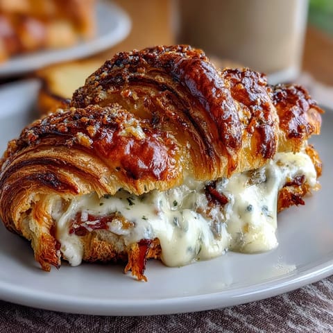 Savory Ham & Swiss Croissant Bake with buttery croissants, smoky ham, and melty Swiss cheese in a creamy baked custard.