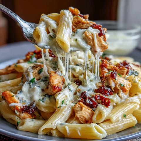 Creamy Crockpot Mississippi Chicken Pasta in a slow cooker, with shredded chicken and pepperoncini in a rich, creamy sauce.