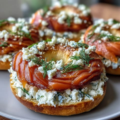 Soft, golden cottage cheese bagels with silky smoked salmon, fresh dill, and crisp cucumber slices for a high-protein breakfast.