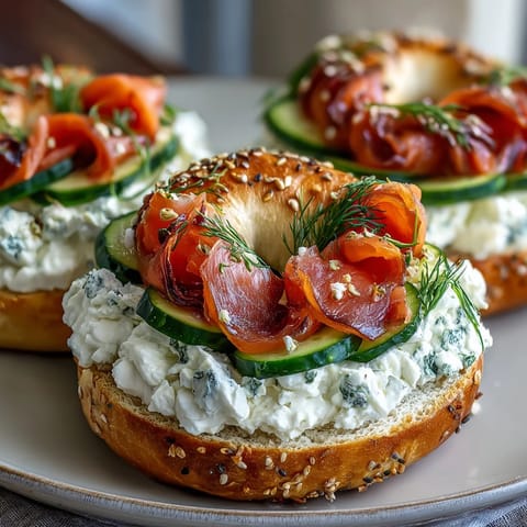 Chewy cottage cheese bagels topped with rich smoked salmon, tangy cream cheese, red onion, and briny capers—perfect for brunch.